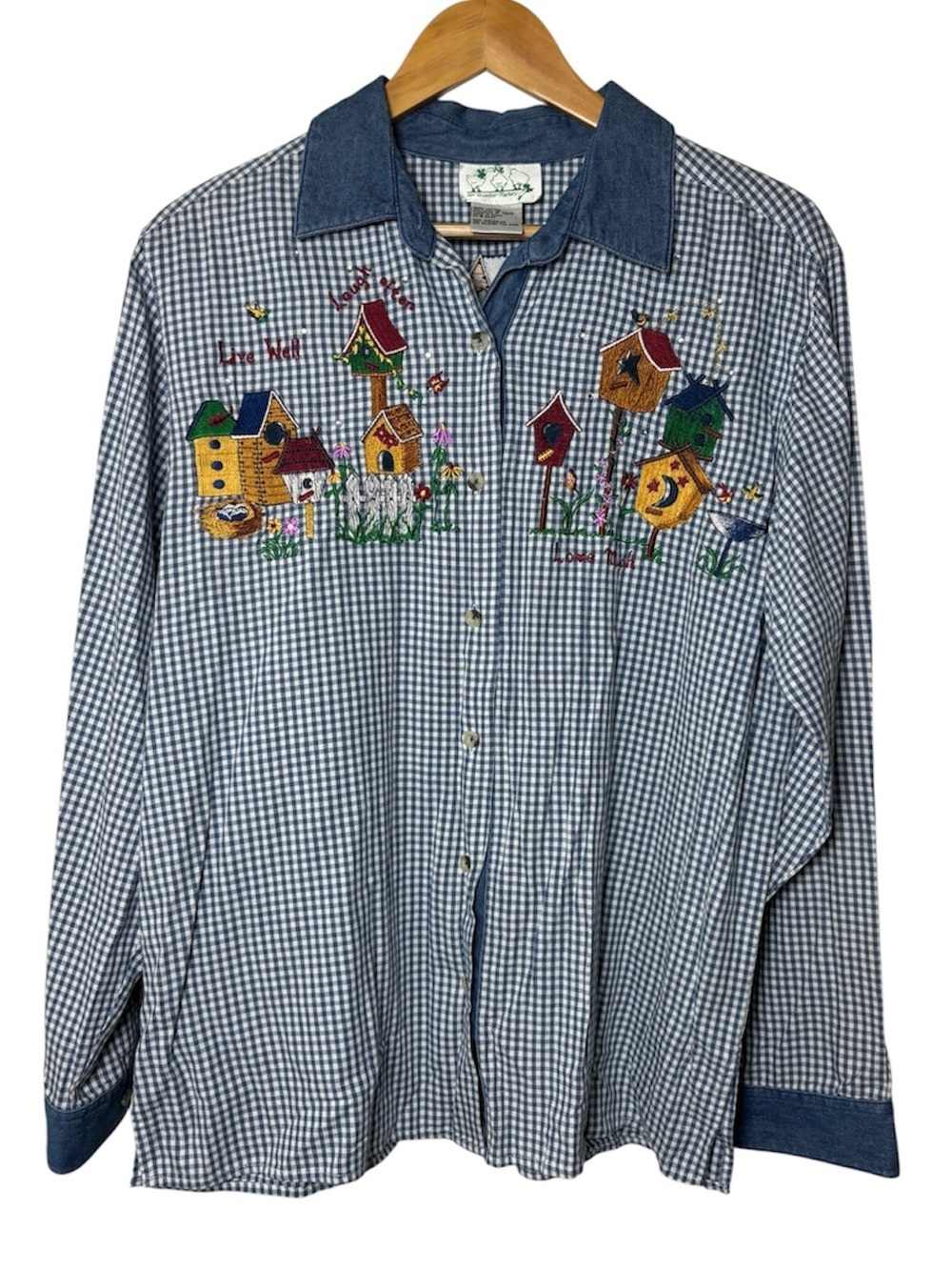 VTG Quaker Factory Shirt Women's Medium Birdhouse Button Down Embroidered Blue